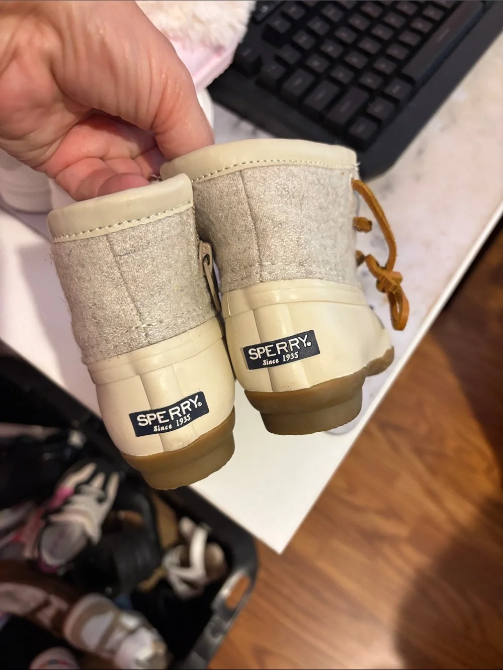 Sperry Cream and Tan Kids Duck Boots
